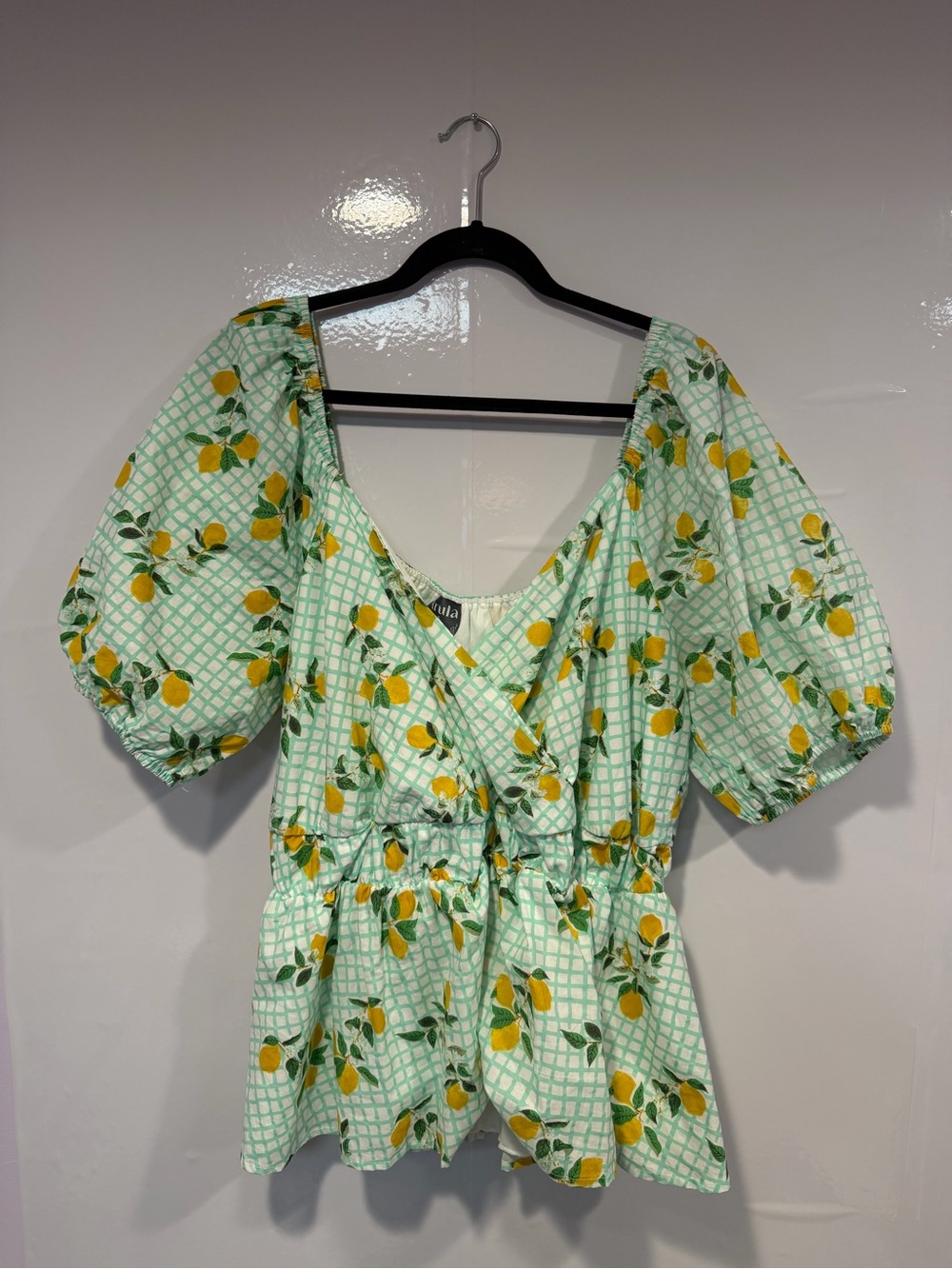 Arula Floral Lemon Print Puff Sleeve Peplum Top Mint Green Yellow 2X B